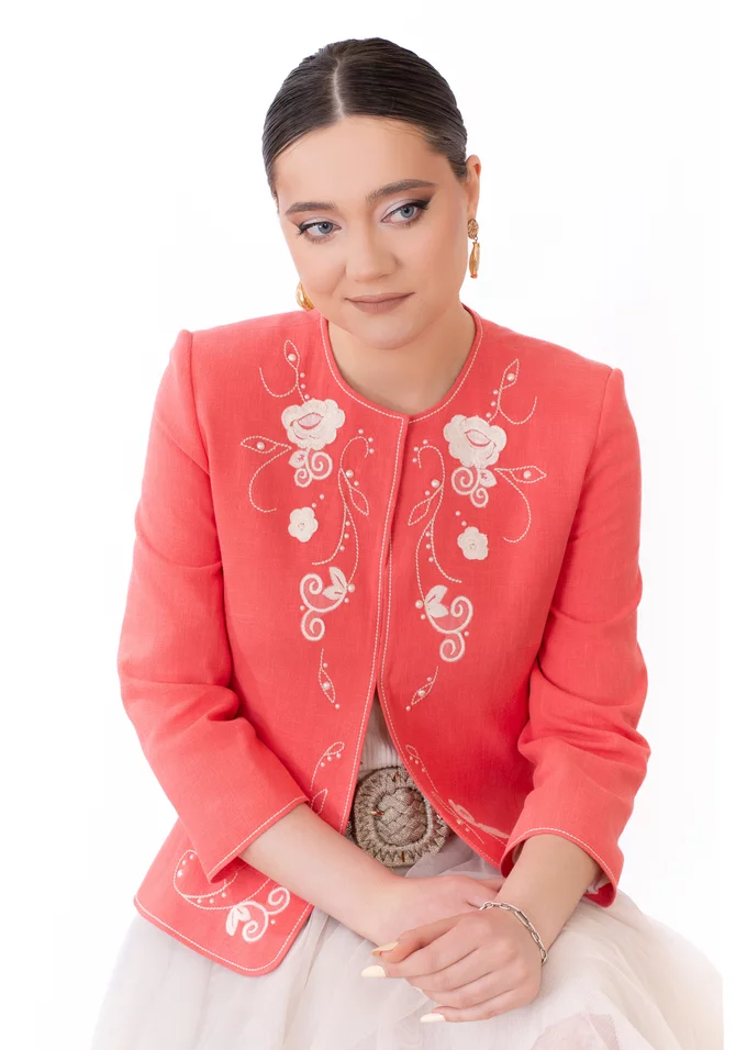 Sacou din in coral fiesta cu broderie si perle