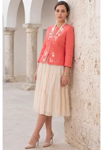 Sacou din in coral fiesta cu broderie si perle