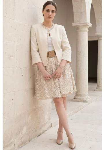 Sacou din in natural beige cu pietre perlate