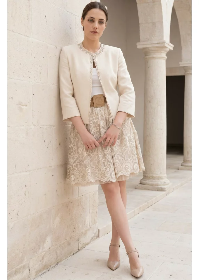 Sacou din in natural beige cu pietre perlate