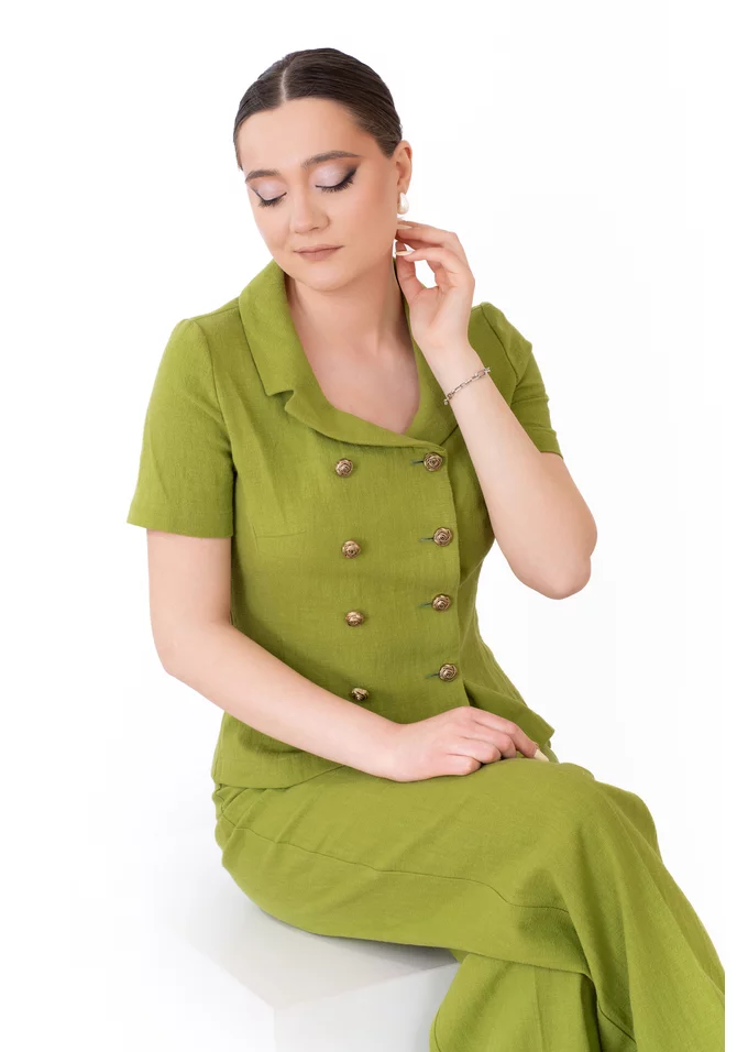 Sacou din in verde pesto la doua randuri de nasturi