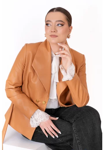 Sacou din piele cu cordon coniac