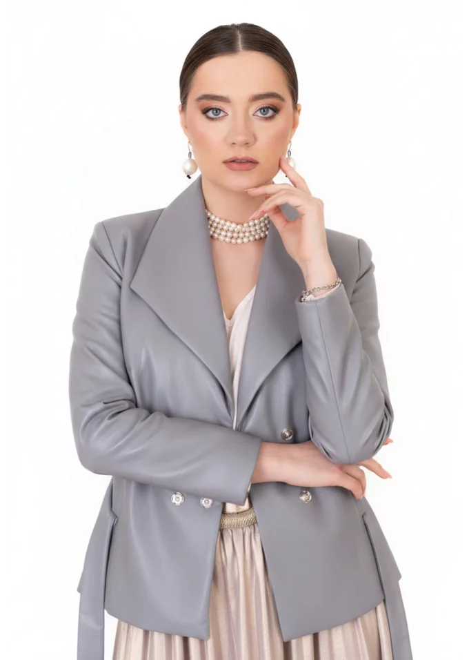 Sacou din piele cu cordon pearl gray