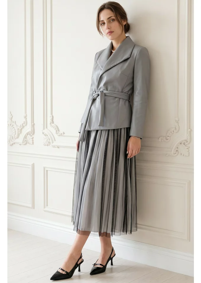 Sacou din piele cu cordon pearl gray