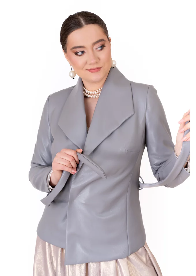 Sacou din piele cu cordon pearl gray