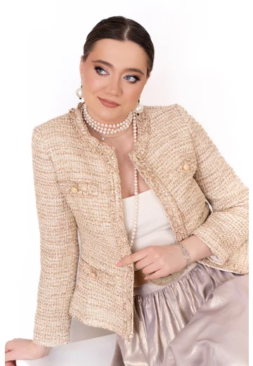 Sacou din tweed cream coniac cu naturi ton in ton