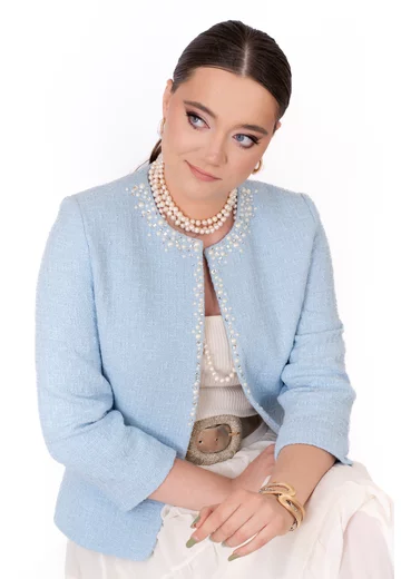 Sacou din tweed de bumbac baby blue cu cristale si perlute fine