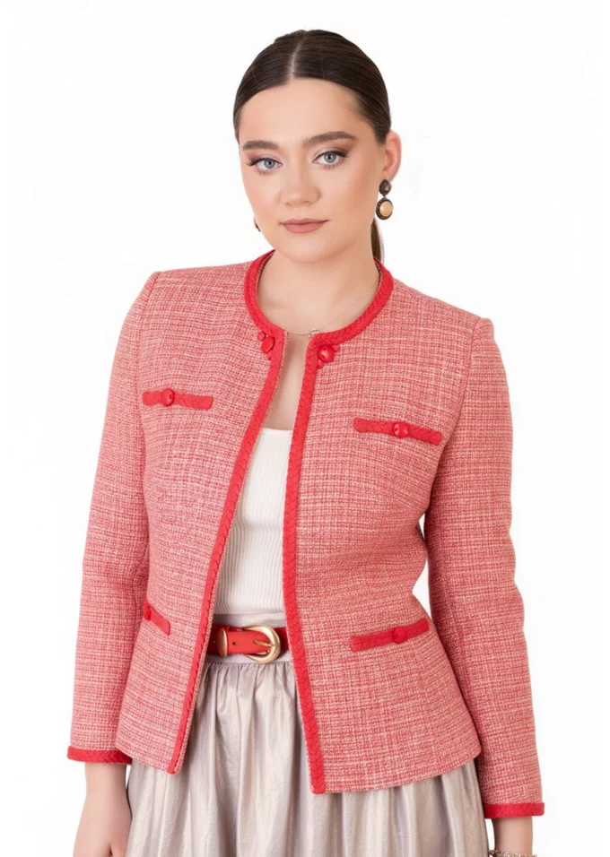 Sacou din tweed glittery raspberry cu continut ridicat de bumbac