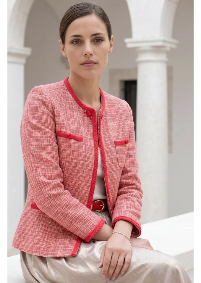 Sacou din tweed glittery raspberry cu continut ridicat de bumbac