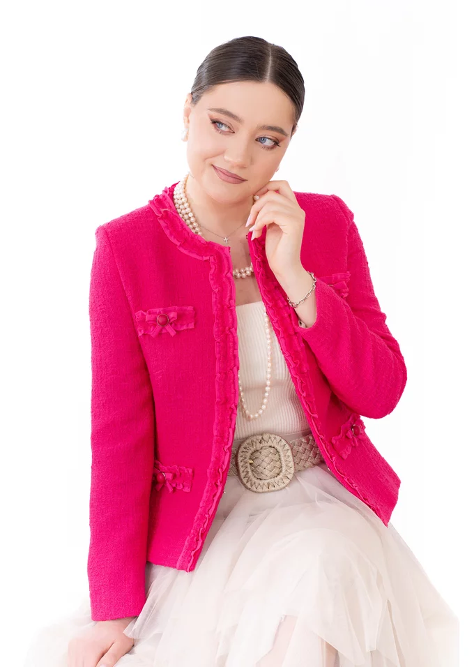 Sacou din tweed hot pink cu detalii ton in ton