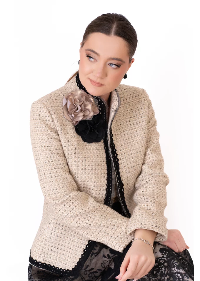 Sacou din tweed pepit cafe au lait cu contur in contrast