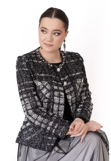 Sacou din tweed preciousonix cu fir argintiu si nasturi fantesy cu pietre