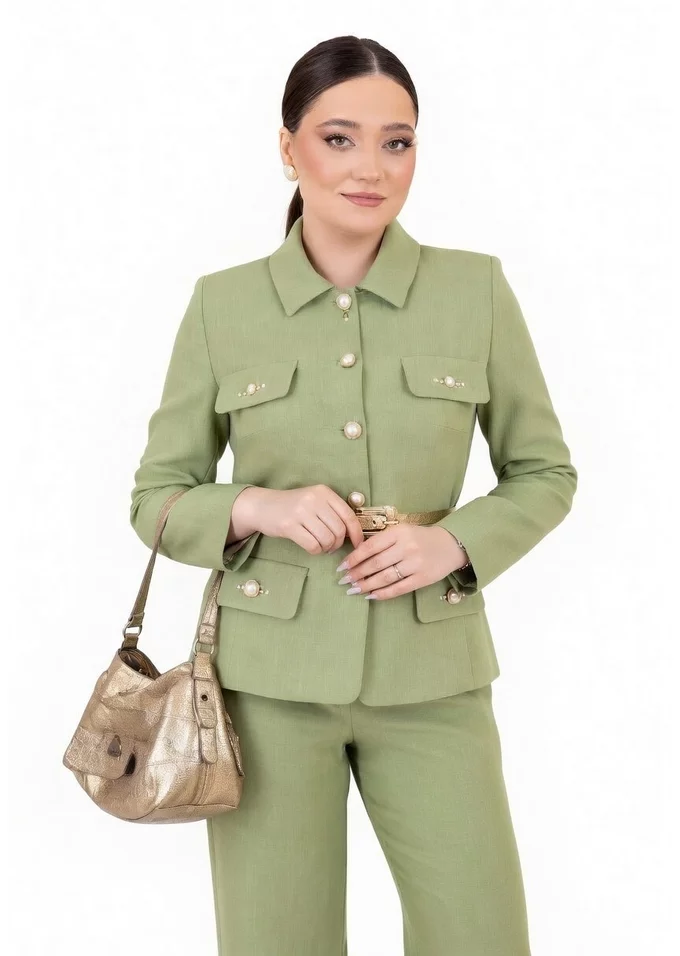 Sacou elegant chic verde menta cu clape si nasturi perlati