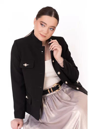 Sacou elegant negru din stofa cu nasturi tip perla