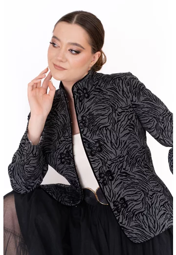 Sacou eleganta gray black cu broderie si guler rusesc