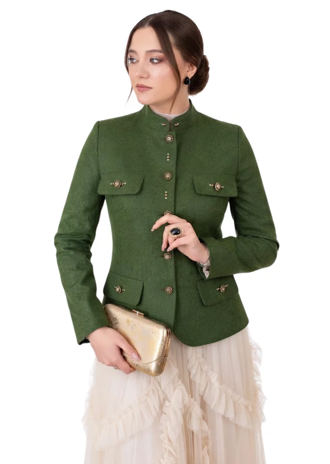 Sacou ethereal green din stofa de lana cu nasturi bijuterie