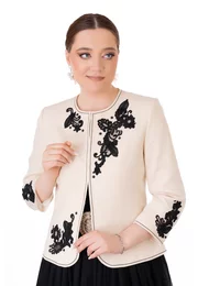 Sacou fantasy din in natur cu broderie neagra in contrast