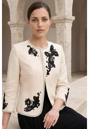 Sacou fantasy din in natur cu broderie neagra in contrast