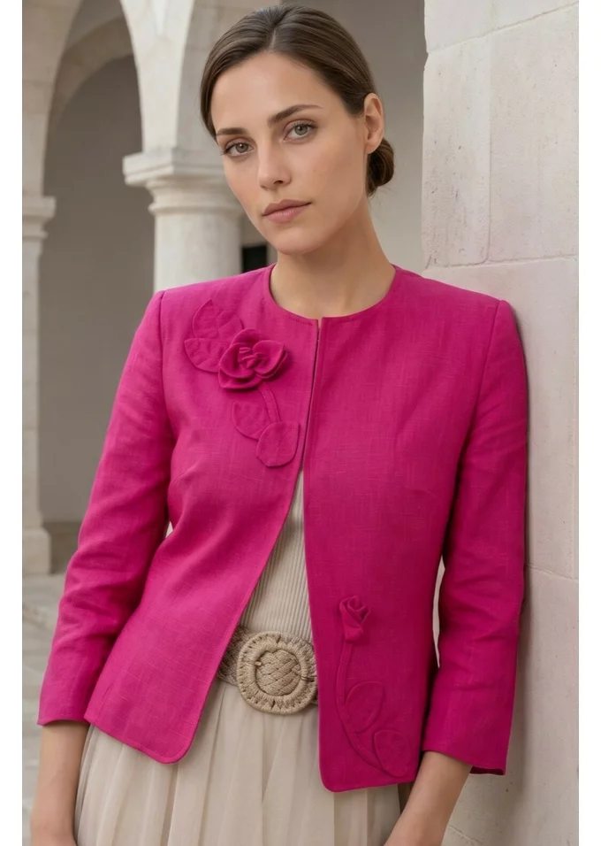 Sacou festival fucsia din in decorat cu detalii ton in ton