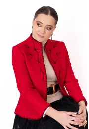 Sacou fine stitch rosu din lana boucle decorat cu flori brodate