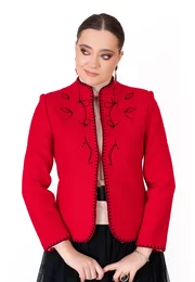 Sacou fine stitch rosu din lana boucle decorat cu flori brodate