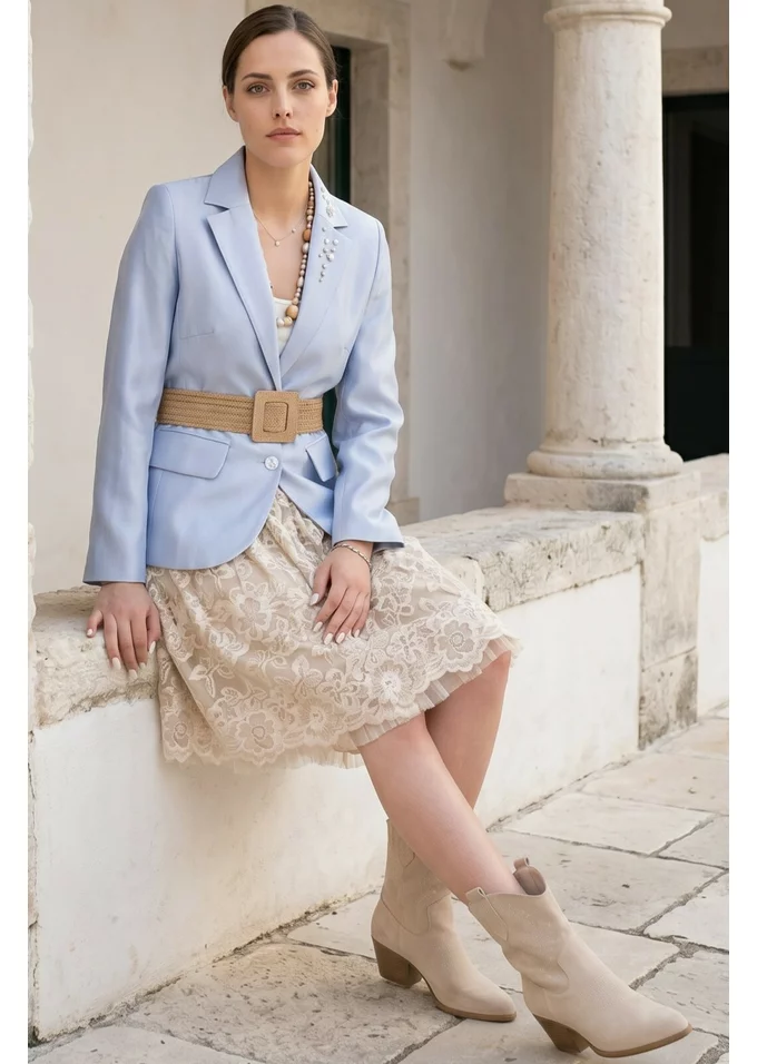 Sacou glamour bleu peliculizat cu rever