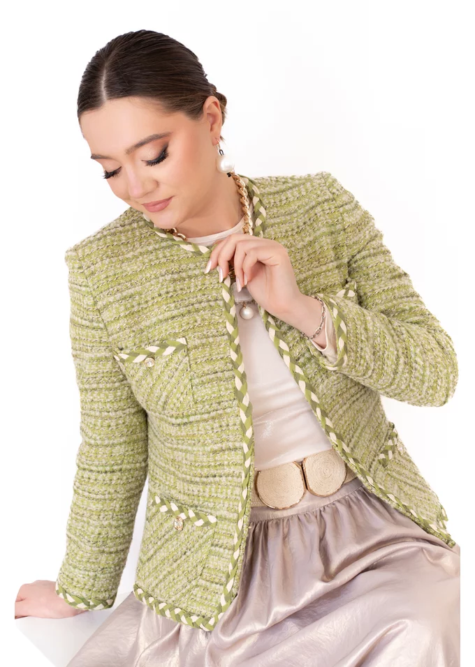 Sacou Golden Green din tweed accesorizat cu benzi