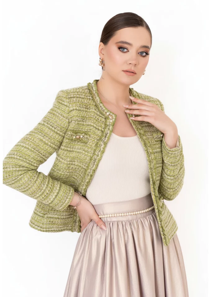 Sacou Golden Green din tweed cu pietre