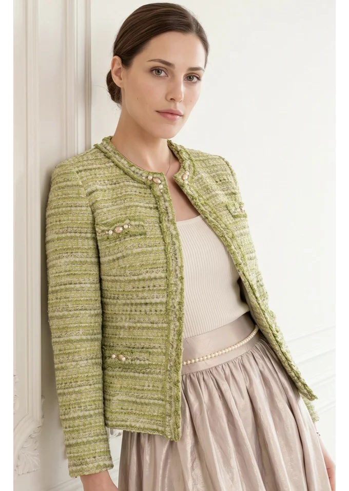 Sacou Golden Green din tweed cu pietre