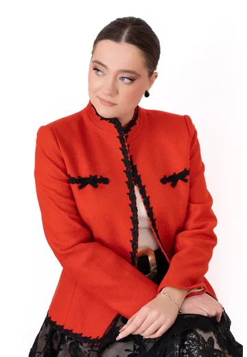 Sacou imperial terracota din tesatura cu lana si detalii tip fundite
