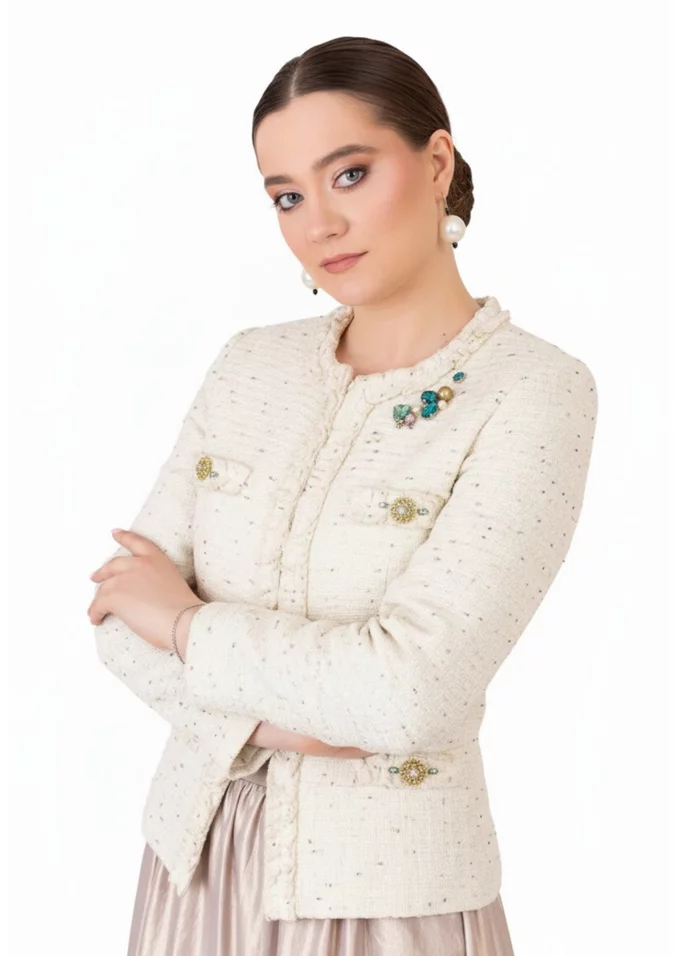 Sacou jewlery din tweed cream cu insertii color