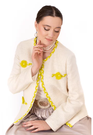 Sacou lime fusion din tweed intarsia cu lurex