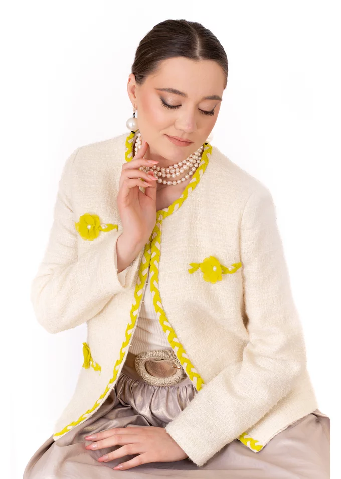 Sacou lime fusion din tweed intarsia cu lurex