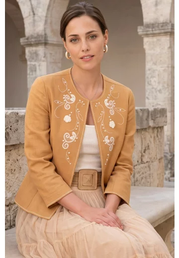 Sacou natur din in coniac cu broderie filigrama