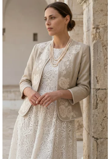 Sacou natur din in texturat decorat cu broderie