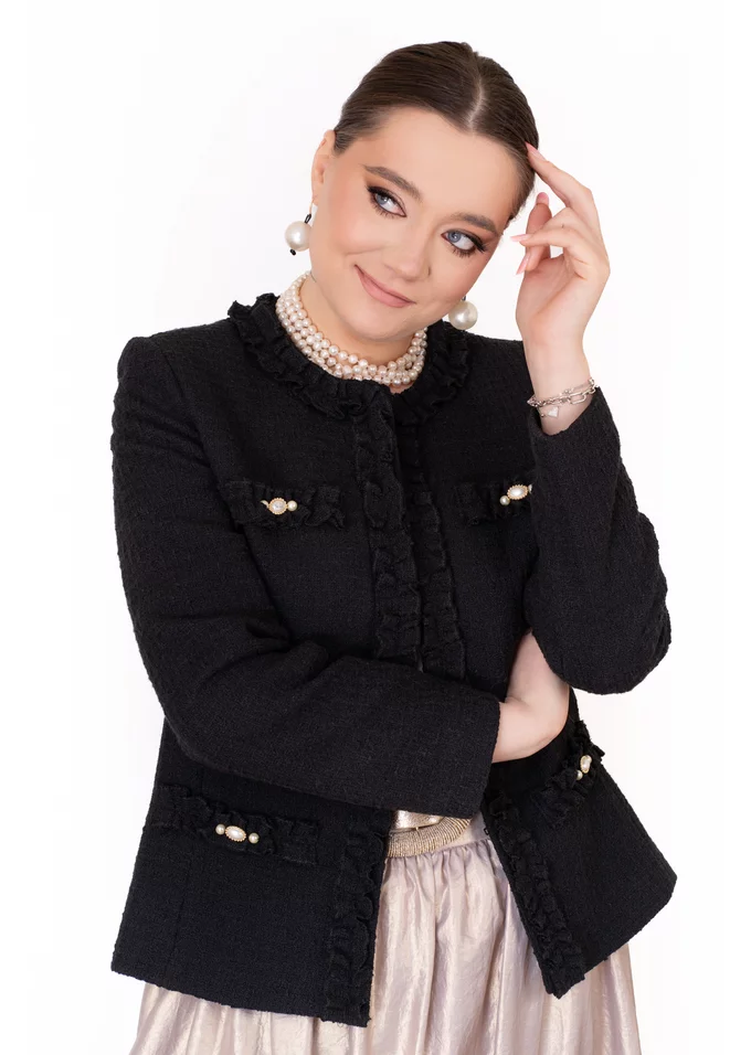 Sacou naturals din tweed cu accente din perle