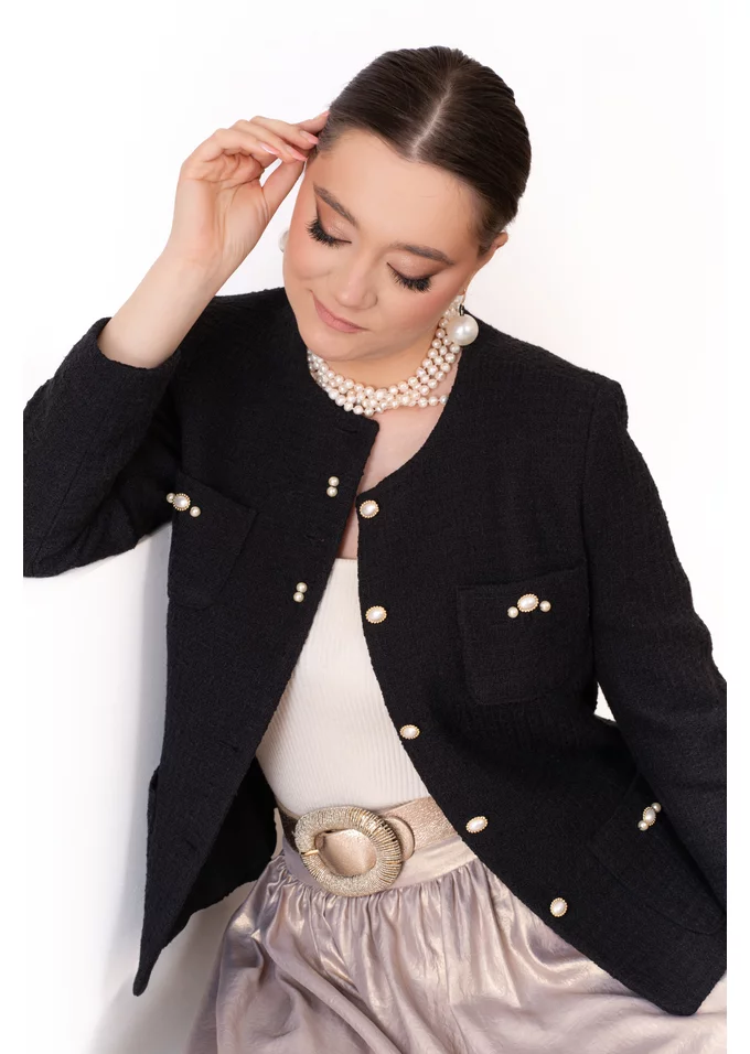 Sacou naturals din tweed cu buzunare si nasturi pretiosi cu perlute