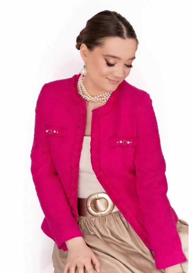 Sacou naturals fuxia cu banda din twed incretita si perlute