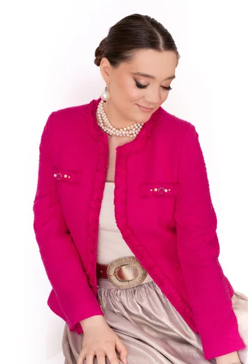 Sacou naturals fuxia cu banda din twed incretita si perlute
