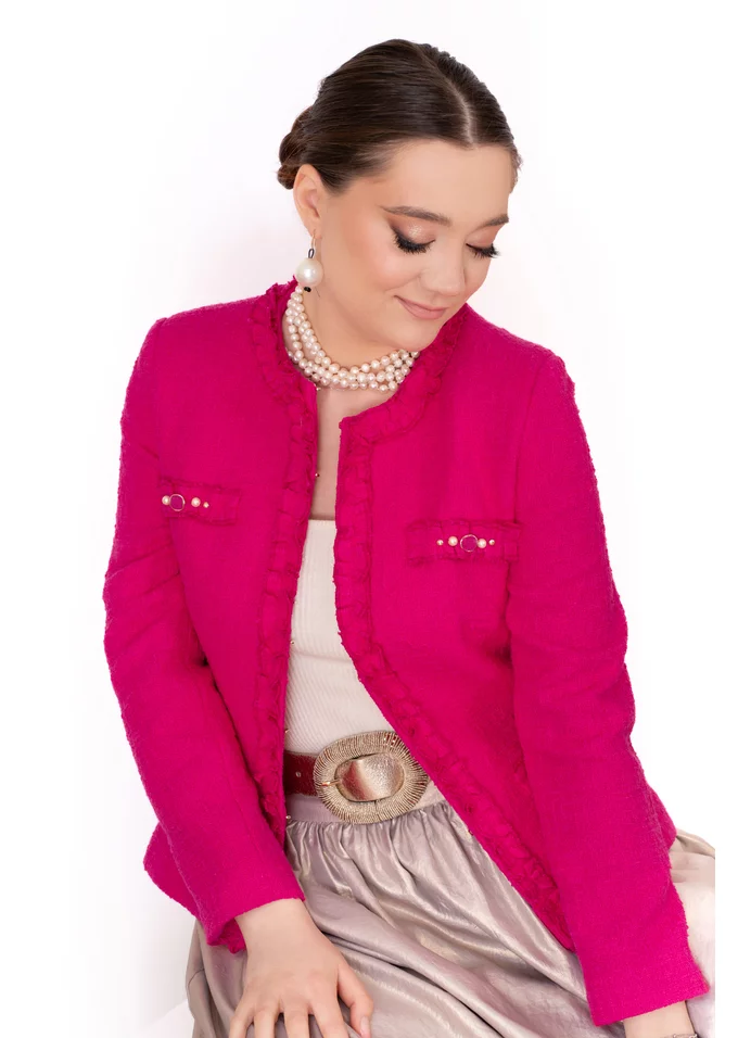 Sacou naturals fuxia cu banda din twed incretita si perlute