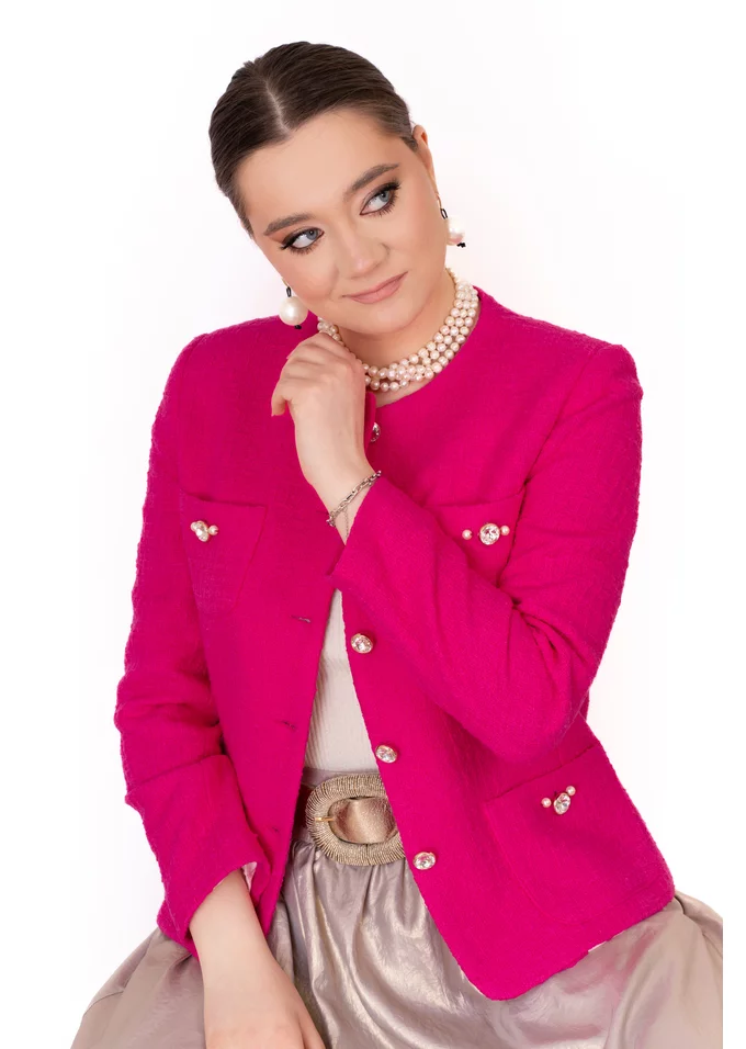 Sacou naturals fuxia din tweed cu nasturi si buzunare