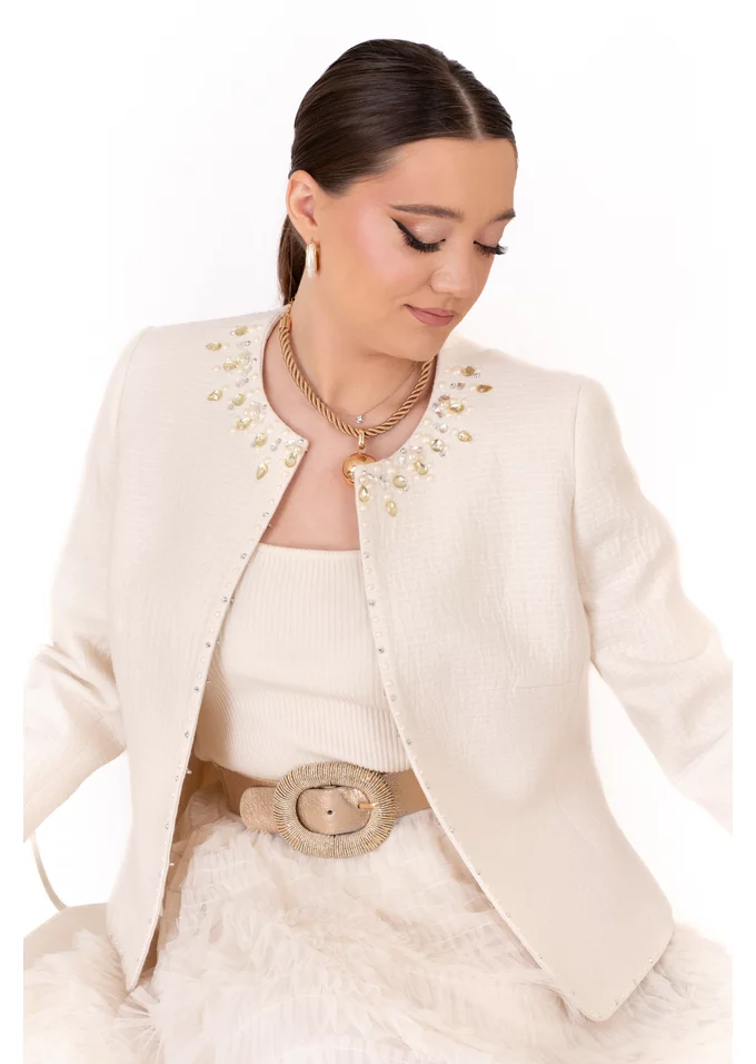 Sacou naturals ivory decorat cu pietre si perle