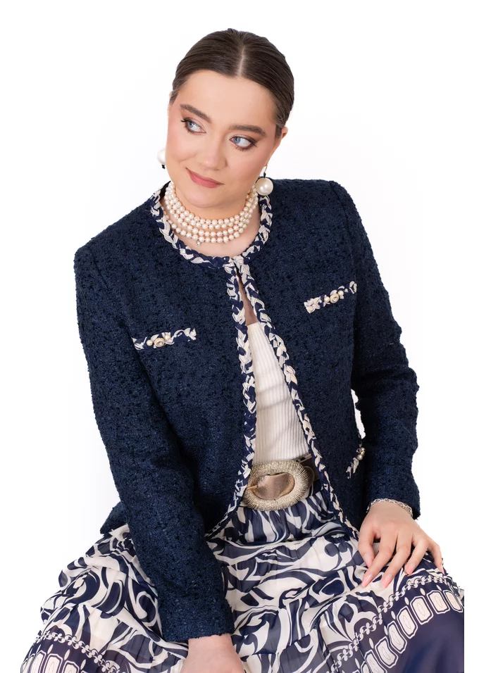 Sacou navy elegance din tweed cu impletitura