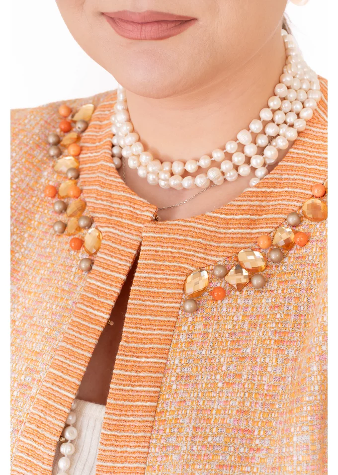 Sacou orange punch din jaquard de bumbac accesorizat cu pietre