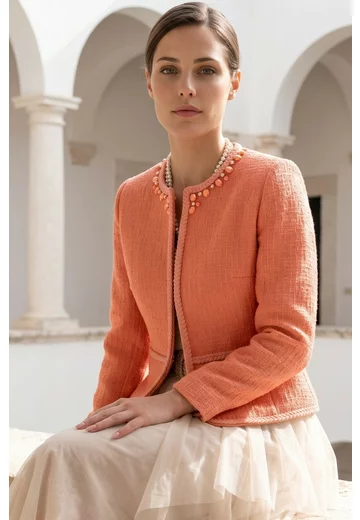 Sacou peach fuzz din tweed cu banda ton in ton