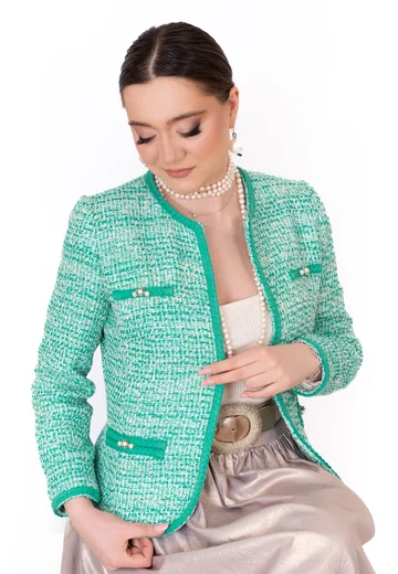 Sacou pepit mentol accesorizat cu buzunare si perle