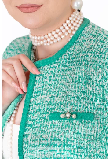 Sacou pepit mentol accesorizat cu buzunare si perle