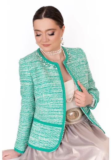 Sacou pepit mentol accesorizat cu strasuri si perle