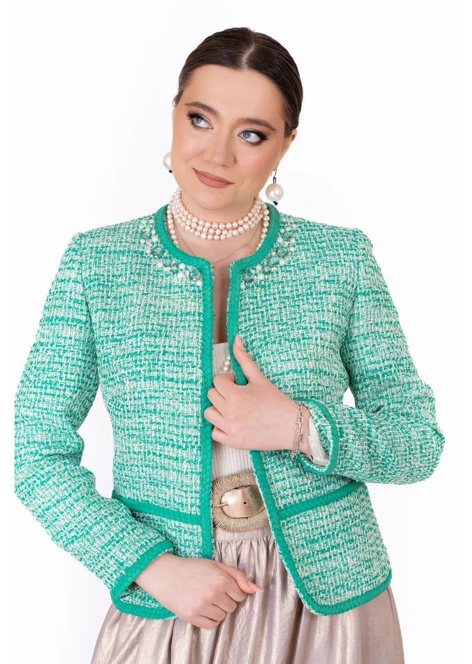 Sacou pepit mentol accesorizat cu strasuri si perle