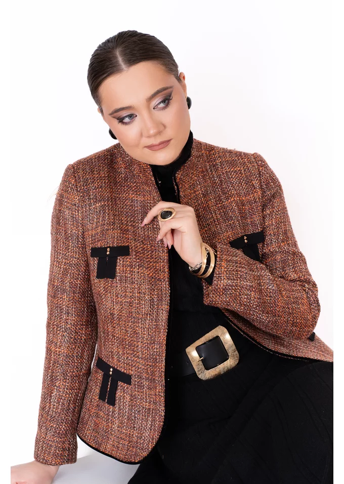 Sacou rusty chic din tweed cu lana si detalii tip fundite
